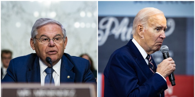 Sen. Bob Menendez, left, and President Biden.