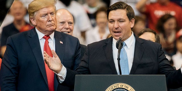 Former President Donald Trump and Florida Gov. Ron DeSantis at a rally before the 2020 election. 