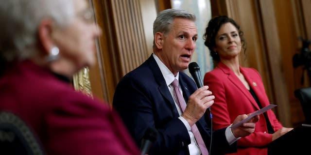 Speaker of the House Kevin McCarthy (R-CA) delivers remarks during an event to introduce the Parents Bill of Rights Act with Rep. Virginia Foxx (R-VA) (L) and Rep. Julia Letlow (R-LA) in the Rayburn Room at the U.S. Capitol on March 01, 2023 in Washington, DC. 