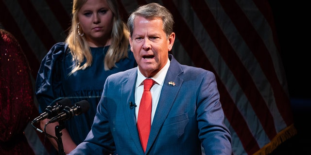 Brian Kemp, governor of Georgia, speaks during an election night rally in Atlanta, Georgia, US, on Tuesday, Nov. 8, 2022. 