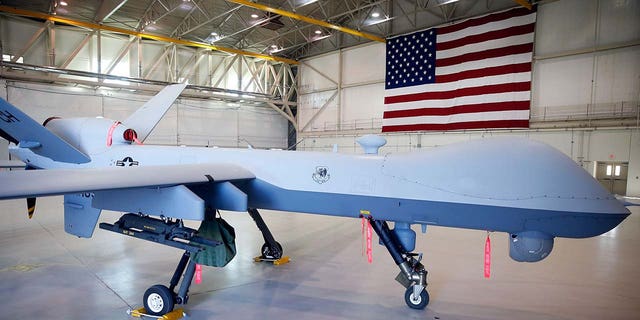 An MQ-9 Reaper remotely piloted aircraft (RPA) is parked in a hangar at Creech Air Force Base on Nov. 17, 2015, in Indian Springs, Nevada. 