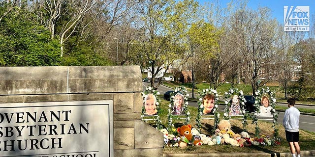 Memorials for the six victims who were killed in a mass shooting are placed outside of The Covenant School in Nashville, Tennessee on Thursday, March 30, 2023. On Monday, three adults and three children were killed inside the school.