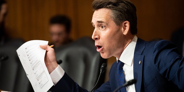 Sen. Josh Hawley, R-Mo., in the Senate Homeland Security and Governmental Affairs Committee in Washington on Tuesday, February 28, 2023. 