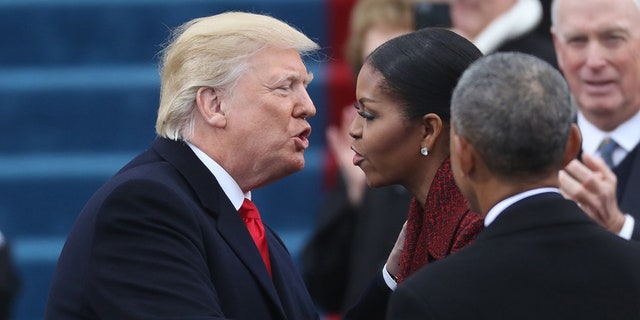 President-elect Donald Trump greets outgoing first lady Michelle Obama on Jan. 20, 2017.