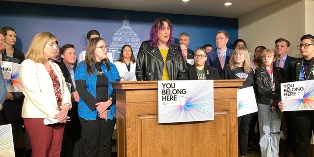Minnesota State Rep. Leigh Finke, a Democrat from St. Paul, speaks at a news conference at the State Capitol, Thursday, March 23, 2023, in St. Paul, Minnesota. Minnesota is moving to strengthen the state’s protections for children and their families who come for gender-affirming care by making itself a "trans refuge state," in opposition to conservative states that say such care is life-altering and harmful for children. 