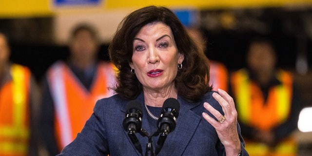 New York Gov. Kathy Hochul gives a speech on the Hudson River tunnel project at the West Side Yard on January 31, 2023, in New York City.