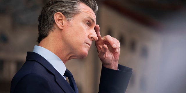 California Gov. Gavin Newsom speaks during a news conference held at Unity Council career center in the Fruitvale neighborhood of Oakland, Calif., on May 10, 2021.