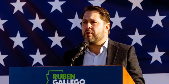 Rep. Ruben Gallego (D-Ariz.) speaks during a campaign event at Grant Park on Saturday, January 28, 2023 in Phoenix, Ariz.