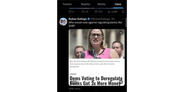 Sydney Barron Gallego, the wife of Rep. Ruben Gallego, D-Ariz., "liked" a tweet by her husband criticizing Sen. Kyrsten Sinema's, I-Ariz., support for a 2018 bill he blamed for the collapse of Silicon Valley Bank last week, despite her employer lobbying in support of the bill.