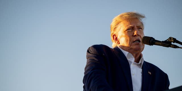 Former U.S. President Donald Trump speaks during a rally at the Waco Regional Airport.