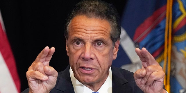 Then-New York Gov. Andrew Cuomo speaks during a news conference at New York's Yankee Stadium, July 26, 2021.