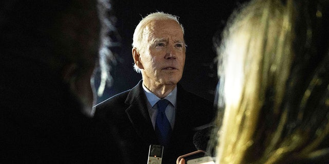 President Biden speaks to the press before boarding Air Force One, as he departs Northern Ireland, at Ireland West Airport Knock on April 14, 2023.