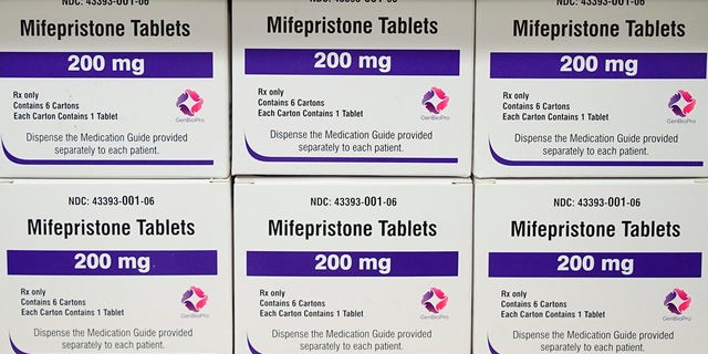 Abortion pill, Mifepristone, in boxes on a shelf