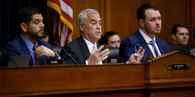 House Select Subcommittee on the Coronavirus Pandemic Chairman Brad Wenstrup (R-OH) (C) questions witnesses during a subcommittee hearing with ranking member Rep. Raul Ruiz (D-CA) (L) in the Rayburn House Office Building on Capitol Hill on March 08, 2023, in Washington, DC. Witnesses and members of the subcommittee aired and debated their disagreements about the possible origins of the COVID-19 coronavirus and whether it came from nature or a laboratory in China.