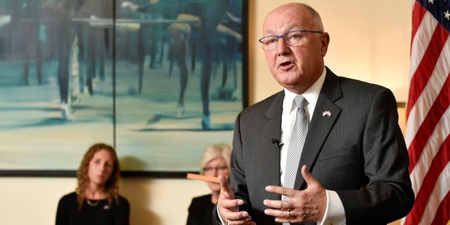 US Ambassador to The Netherlands, Peter Hoekstra gestures as he speaks during a press conference at the US embassy, in The Hague, on January 10, 2018 after presenting his diplomatic credentials to The Netherlands' King. (Photo by JOHN THYS / AFP) (Photo by JOHN THYS/AFP via Getty Images)