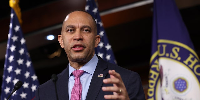 House Democratic Leader Hakeem Jeffries (D-NY) speaks to the media during a press conference at the U.S. Capitol on March 01, 2023, in Washington, DC. 