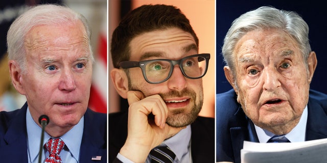 Alexander Soros, middle, a son of liberal billionaire George Soros, right, has made frequent visits to the White House since President Biden took office in 2021, meeting with top officials in a number of meetings on behalf of his 92-year-old father.