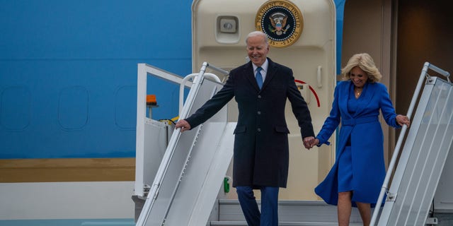 President Biden deplanes from Air Force One with first lady Jill Biden