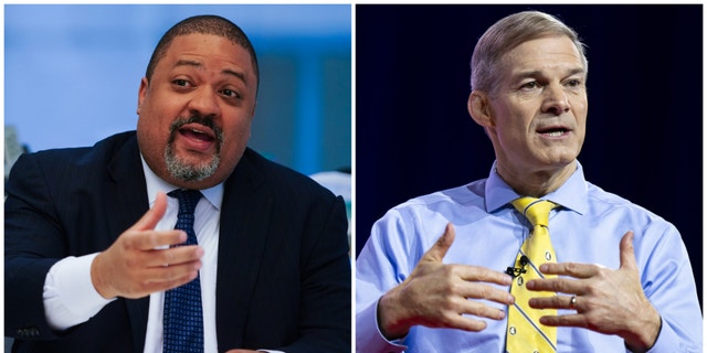 Alvin Bragg sitting wearing suit on left and Jim Jordan wearing yellow tie on right