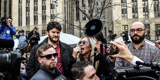 Representative Marjorie Taylor Greene, a Republican from Georgia, during a rally in support of former US President Donald Trump in New York, US, on Tuesday, April 4, 2023. Trump, the first former US president to be indicted, will plead not guilty when he appears in a Manhattan state court Tuesday to face criminal charges, his defense lawyer said. 