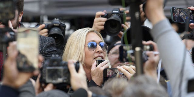 Representative Marjorie Taylor Greene, a Republican from Georgia, during a rally in support of former US President Donald Trump in New York, US, on Tuesday, 