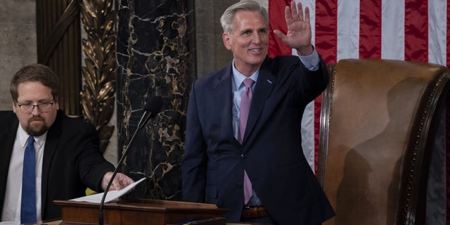 House Speaker Kevin McCarthy, R-Calif., celebrates after taking the oath of office in Washington, D.C., on Jan. 7, 2023.