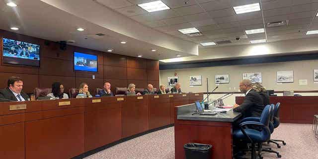 Nevada AG Aaron Ford presents a bill that enhances fentanyl penalties to a state Senate committee at the state Legislature, in Carson City, Nevada, on April 10, 2023. 