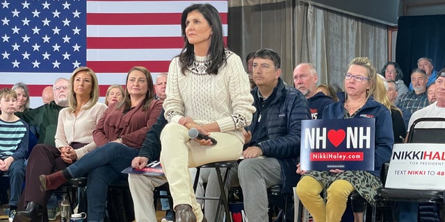 Former ambassador to the United Nations and former two-term South Carolina Gov. Nikki Haley, who is running for the 2024 Republican presidential nomination, holds a town hall in Salem, New Hampshire, on March 28, 2023.