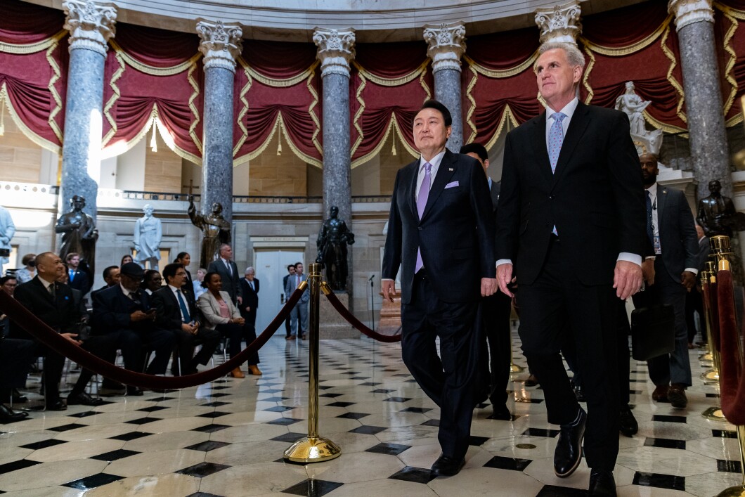 South Korean President Yoon Suk Yeol walks with House Speaker Kevin McCarthy prior to a Joint Meeting of Congress, in Washington, DC., on Thursday, April 27, 2023. During his speech, Yoon called on North Korea to end nuclear provocations.