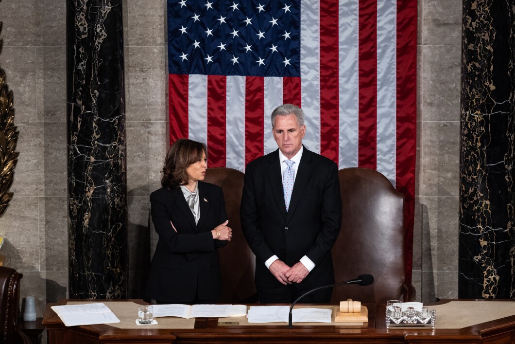 Vice President Kamala Harris and House Speaker Kevin McCarthy wait for the arrival of South Korean President Yoon Suk Yeol at the beginning of a Joint Meeting of Congress in Washington, DC, Thursday, April 27, 2023.