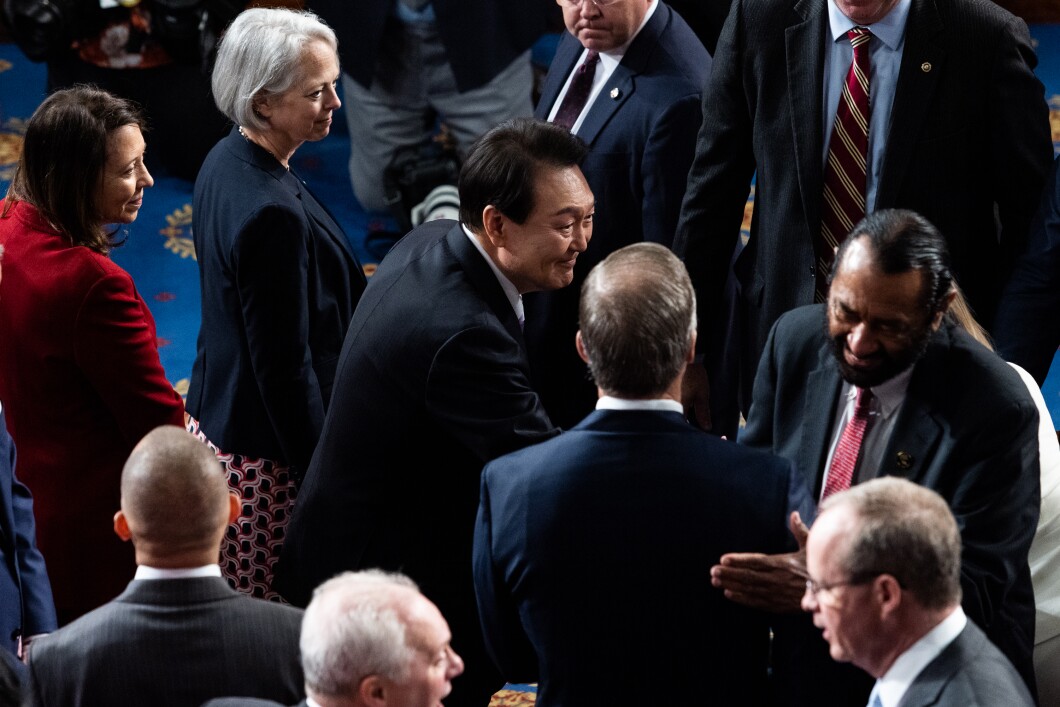 South Korean President Yoon Suk Yeol greets members of Congress on the House chamber floor prior to a Joint Meeting of Congress, in Washington, D.C., on Thursday, April 27, 2023. During his speech, Yoon called on North Korea to end nuclear provocations.