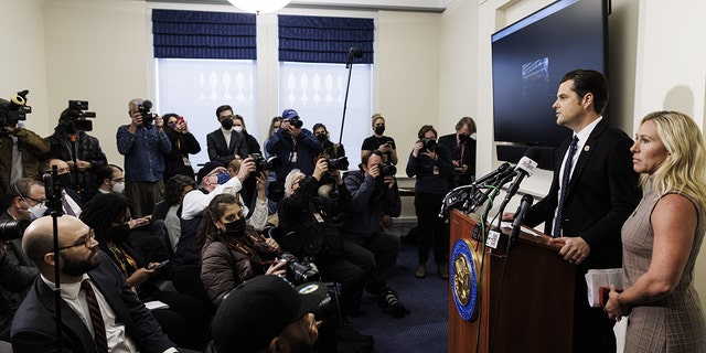 Gaetz at a press conference with reporters