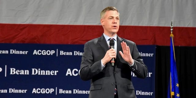 Rep. Jim Banks speaks at an Allen County GOP dinner, in Fort Wayne, Indiana, on Oct. 12, 2022.