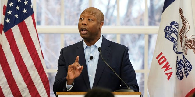 Sen. Tim Scott, R-S.C. speaks during a Faith in America Tour event, Wednesday, Feb. 22, 2023, at Drake University in Des Moines, Iowa.