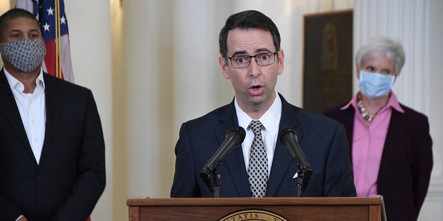 Roy McGrath, chief executive officer of the Maryland Environmental Service, speaks during a news conference at the State House in Annapolis, Md., on April 15, 2020. 