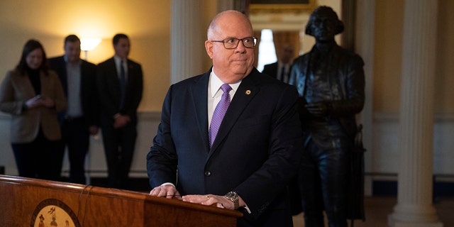 Maryland Governor Larry Hogan practices his farewell address at the Maryland State House in Annapolis, Maryland, on Jan. 10, 2023. 