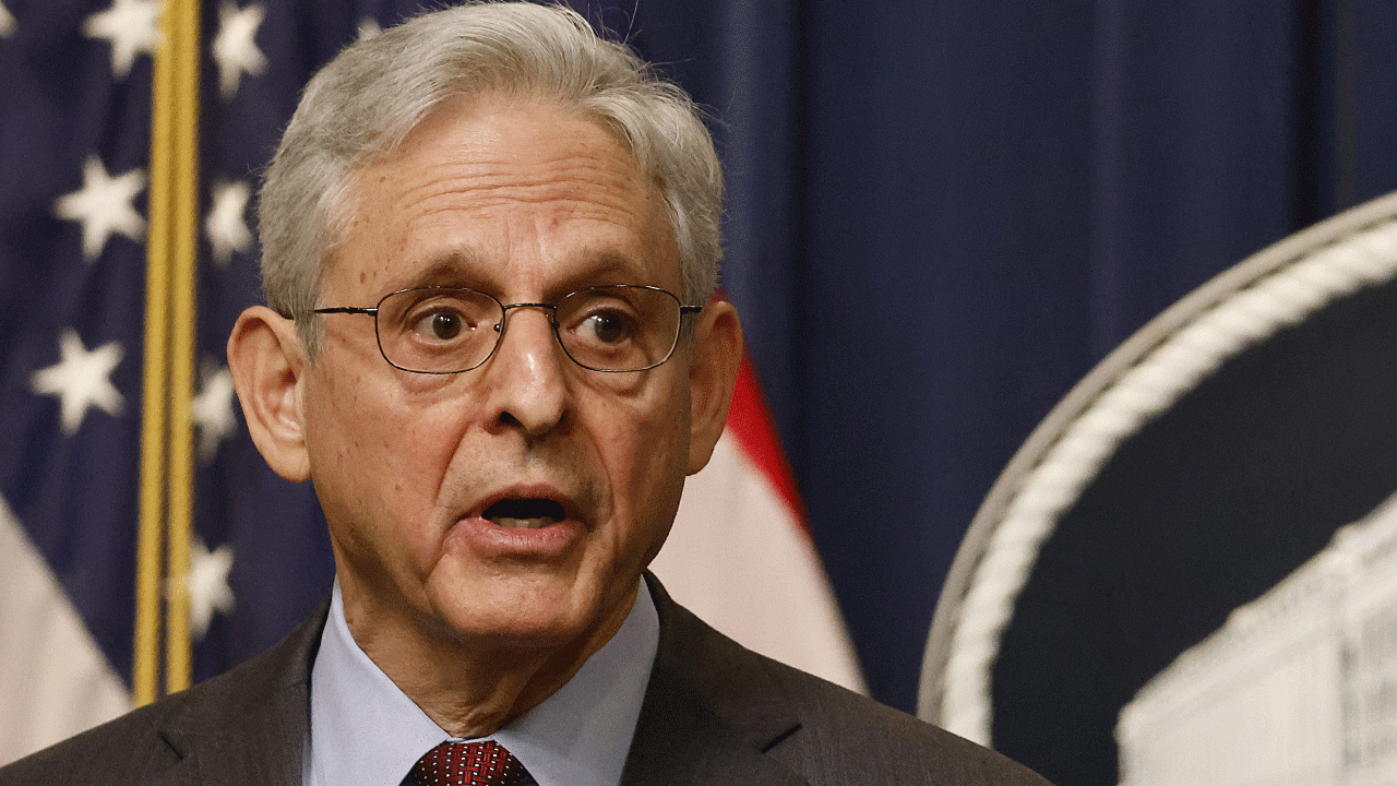 Merrick Garland, US attorney general, speaks during a news conference at the Department of Justice in Washington, DC.