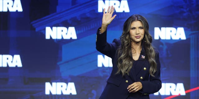 South Dakota Governor Kristi Noem speaks to guests at the 2023 NRA-ILA Leadership Forum on April 13, 2023, in Indianapolis, Indiana.