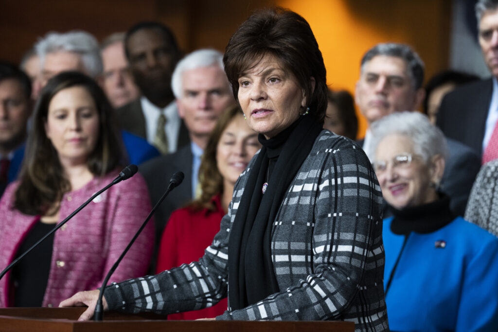 UNITED STATES - JANUARY 20: Rep. Yvette Herrell, R-N.M., conducts a news conference with GOP members on President Bidens first year in the Capitol Visitor Center in Thursday, January 20, 2022. (Photo By Tom Williams/CQ-Roll Call, Inc via Getty Images)