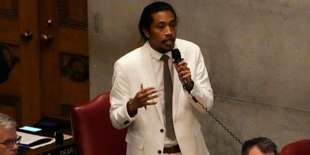 Rep. Justin Jones, D-Nashville, delivers remarks on the floor of the House chamber Thursday, April 6, 2023, in Nashville, Tenn. 