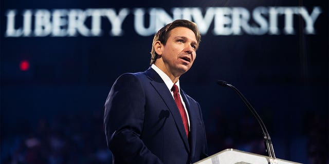 Florida Gov. Ron DeSantis (R) speaks during a convocation at Liberty University's Vines Center in Lynchburg, Va., on Friday, April 14, 2023. (Tom Williams/CQ-Roll Call, Inc via Getty Images)