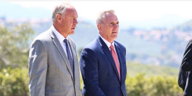 Rep. Ryan Zinke, R-Mont., walks alongside House Speaker Kevin McCarthy, R-Calif., ahead of a meeting with Taiwanese President Tsai Ing-wen on Wednesday, April 5, 2023.