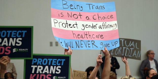 People hold signs during a joint meeting of the Florida Board of Medicine and the Florida Board of Osteopathic Medicine to establish new guidelines limiting gender-affirming care in Florida Nov. 4, 2022. 