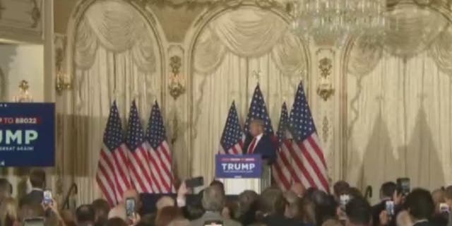 Donald Trump speaks to crowds at Mar-a-Lago after being indicted in New York City. 