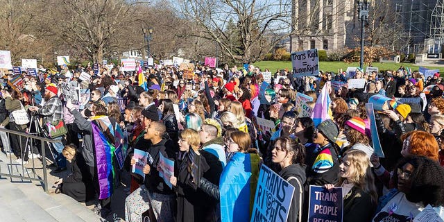 Teens from various areas of Kentucky gather in front of the state Capitol Annex building to protest a ban on transgender procedures on minors.