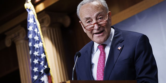 Senate Majority Leader Chuck Schumer speaks at a podium