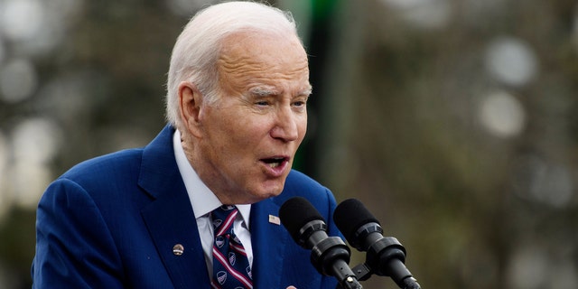 Joe Biden in blue blazer at microphone in North Carolina