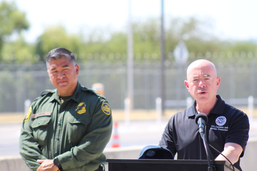 DHS Secretary Alejandro Mayorkas and Border Patrol Chief Raul Ortiz deliver remarks at press conference in Del Rio, Texas. (Randy Clark/Breitbart Texas)