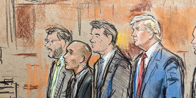 Court sketch of former President Trump standing next to his attorneys during his arraignment.