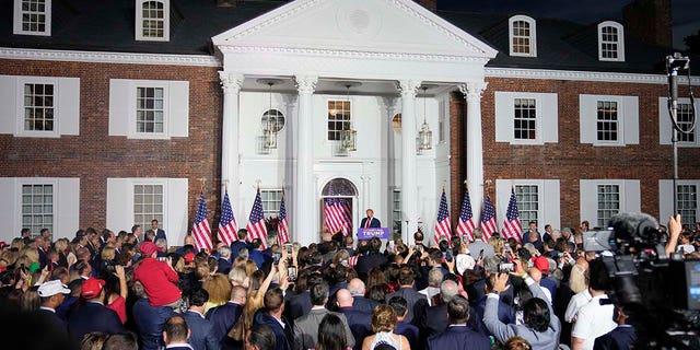 Donald Trump speaks to supporters at Trump National Golf Club Bedminster